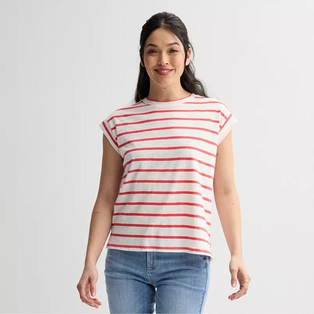 NWT Sonoma Ruby Red Neutral Stripe Short Sleeve Muscle Top Women's Size XL